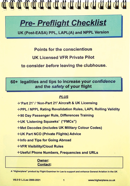 Pre-Preflight Checklist, Irv Lee – UK (Post-EASA) Version for PPL, LAPL (A) & NPPL