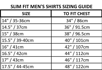 Slim Fit Shirt Sizes